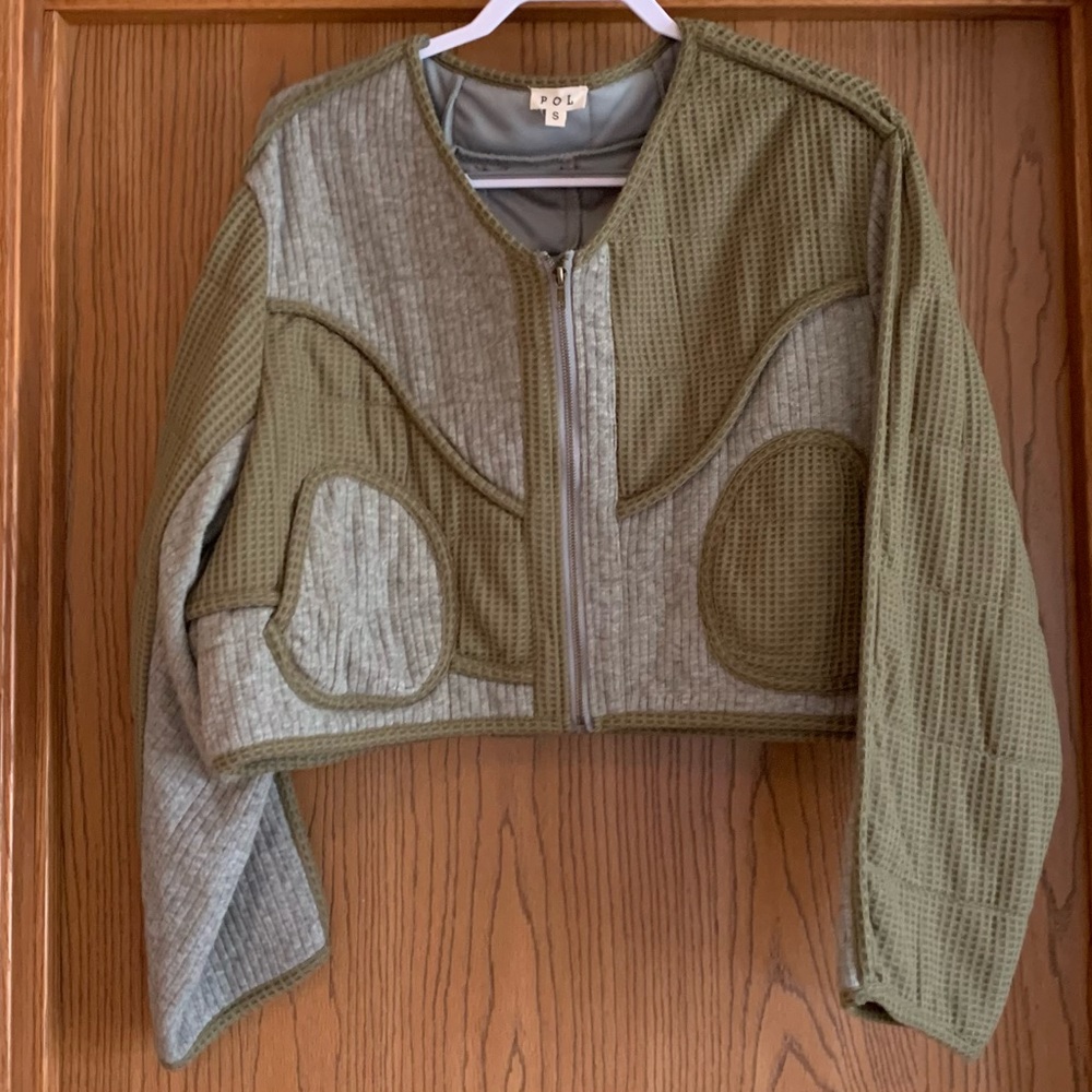 POL Olive & Gray Cropped Mixed-Texture lightweight Bomber Jacket